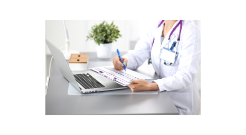 Clinician reviewing product choices at a computer